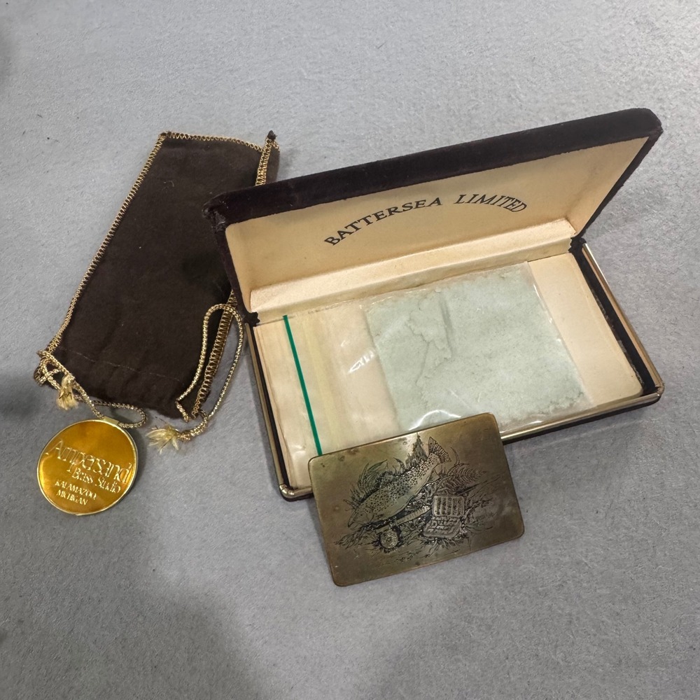 Ampersand Brass Studio Belt Buckle Mens Gold Fly Fishing Trout Etched 1980